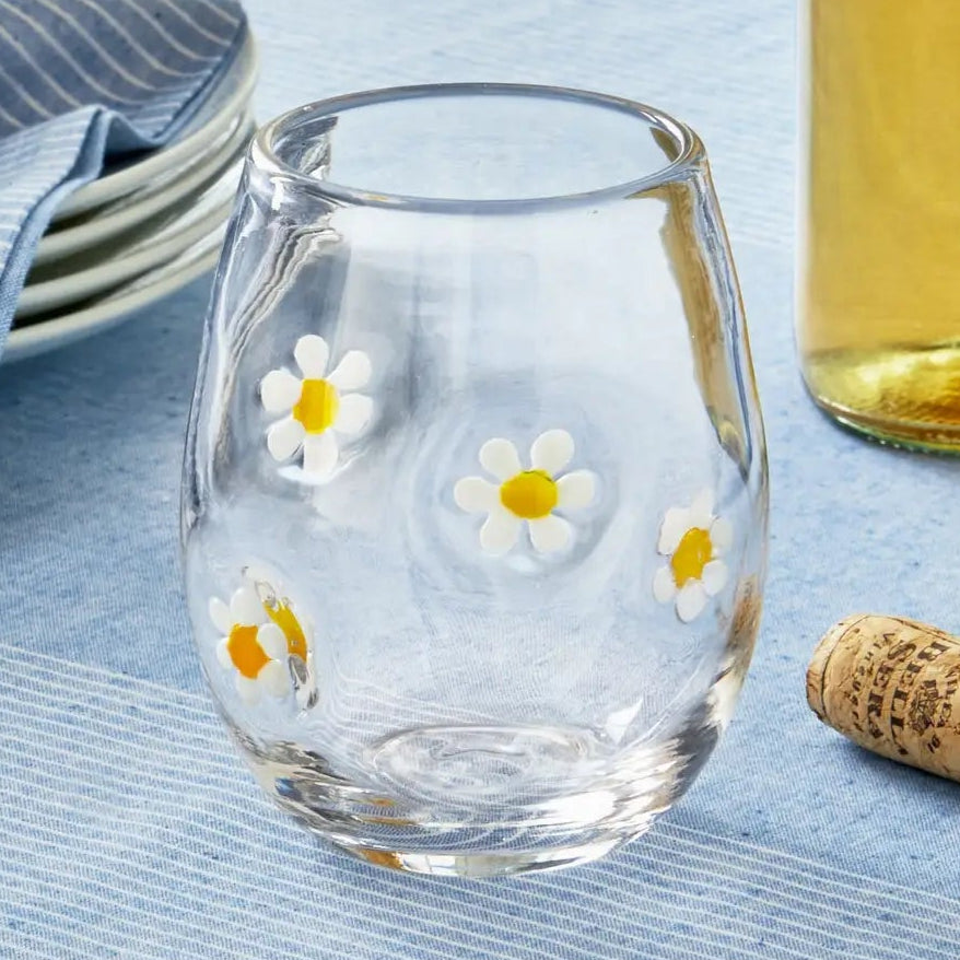 Daisy Stemless Wineglass | Handmade