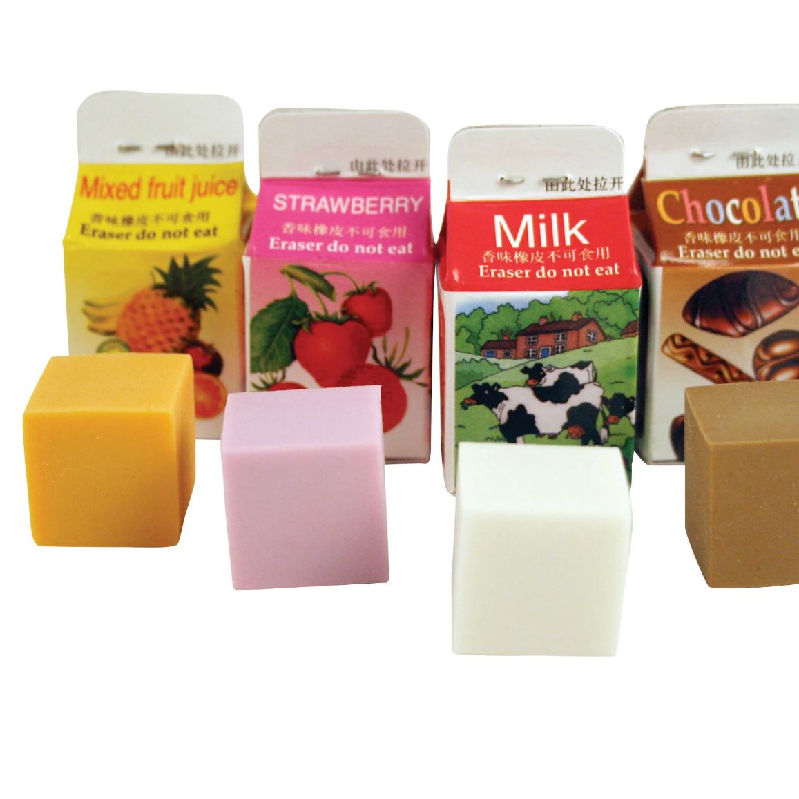 Assorted small cartons and cubes with various labels on a white background