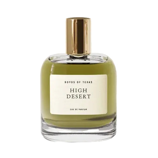 Perfume bottle labeled 'High Desert' by 'Boys of Texas' on a light gray background