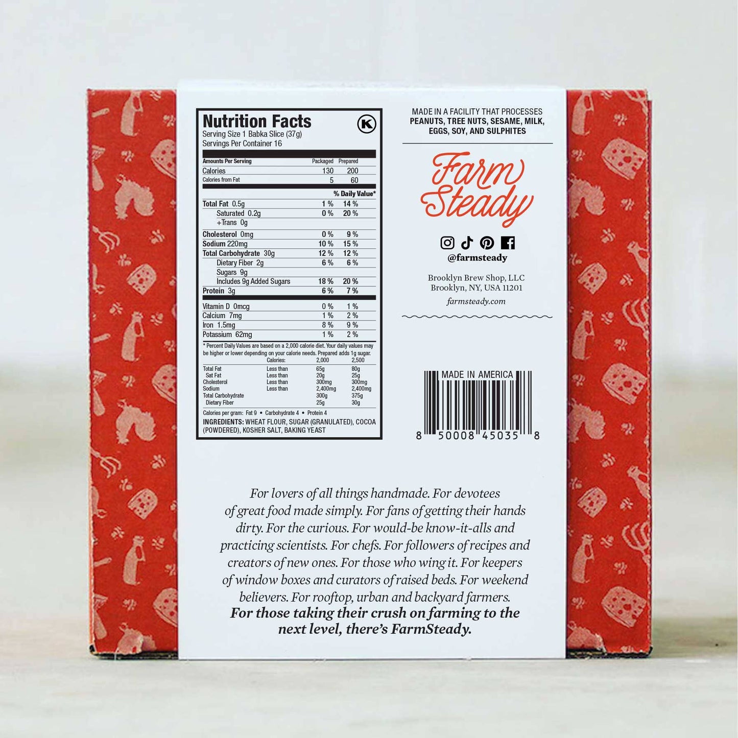 Back of a product box with nutrition facts label and 'Farm Steady' branding.