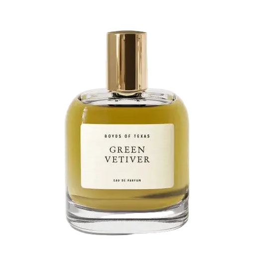 Perfume bottle labeled 'Green Vetiver' by 'Boyds of Texas' on a light background