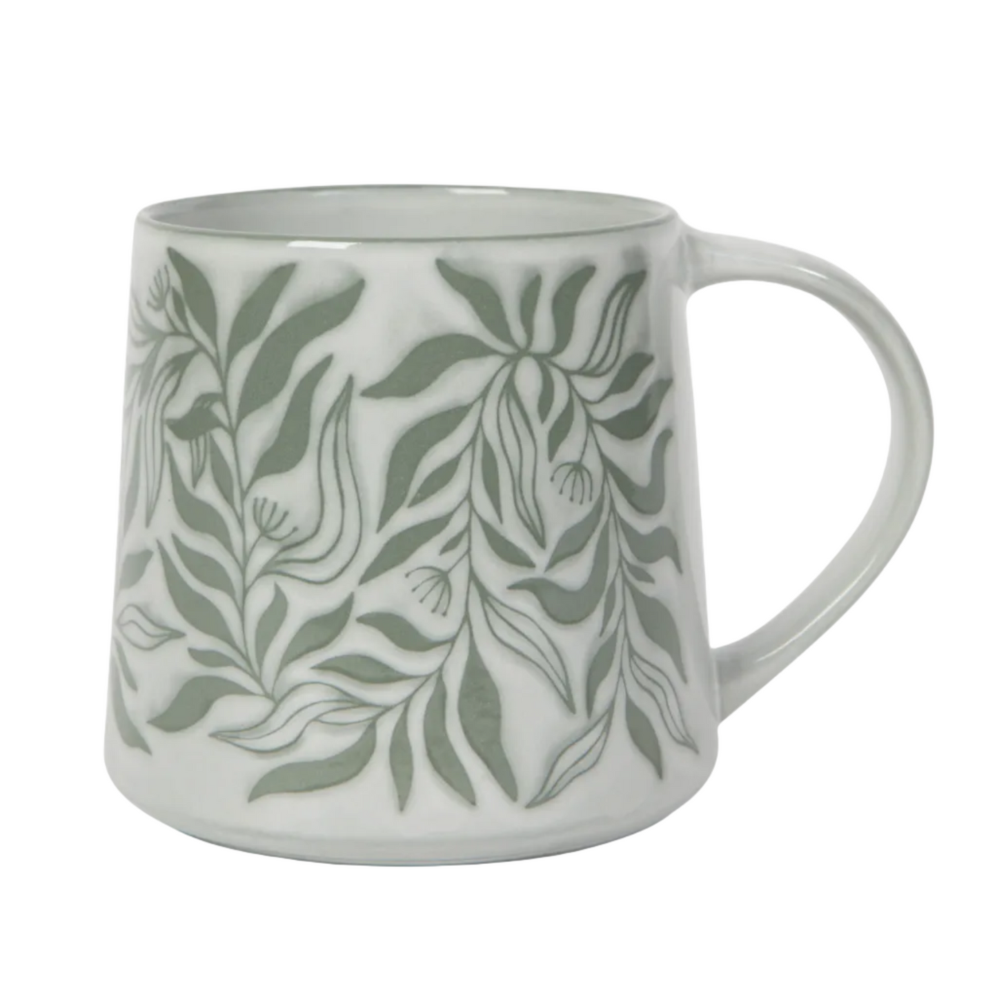 White mug with green leaf pattern on a white background