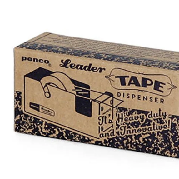 Cardboard tape dispenser box with 'Penco Leader' branding on a white background