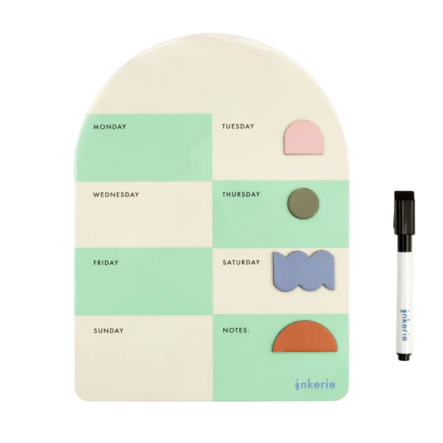 Weekly planner with colorful days of the week and a marker on a white background