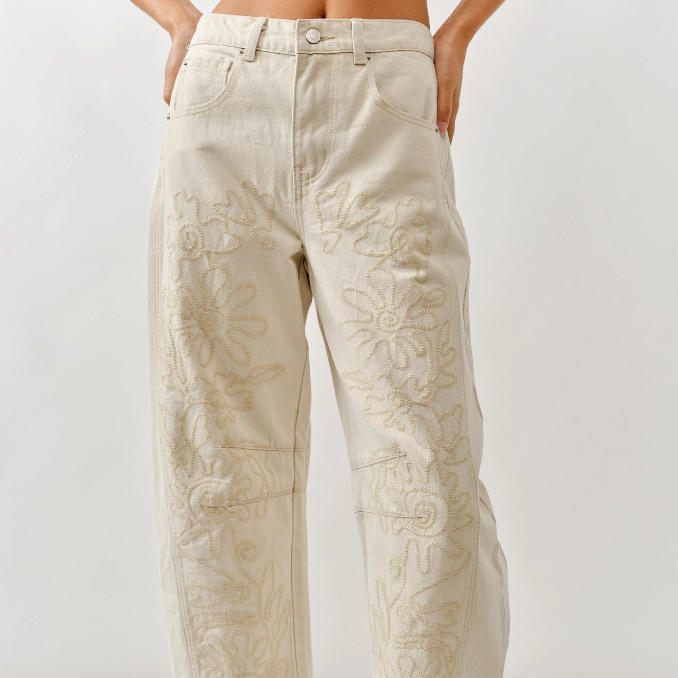 Person wearing beige embroidered pants on a white background