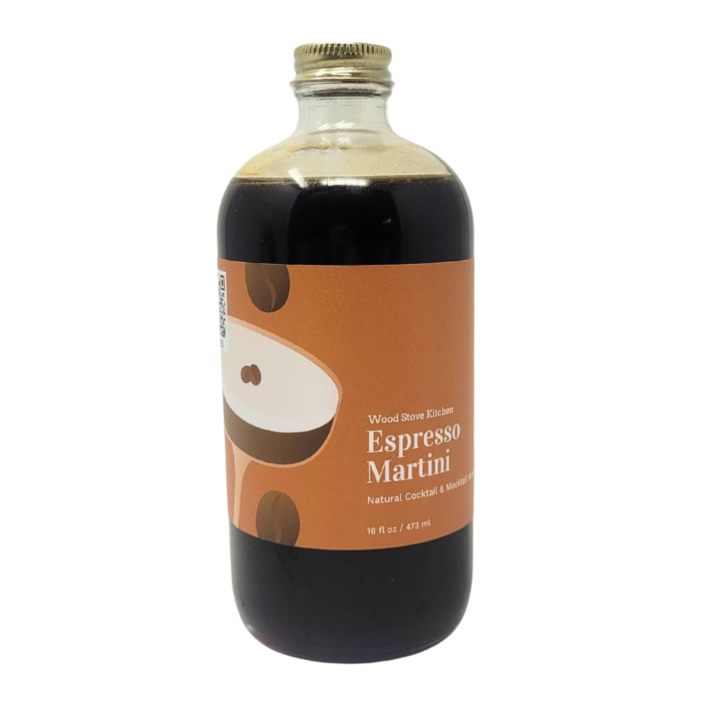 A bottle of Espresso Martini cocktail mixer with a label showing a piece of an espresso martini and coffee beans.