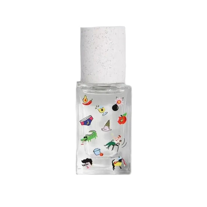 Small bottle with colorful labels on a white background