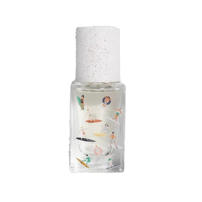Clear nail polish bottle with colorful design on a white background
