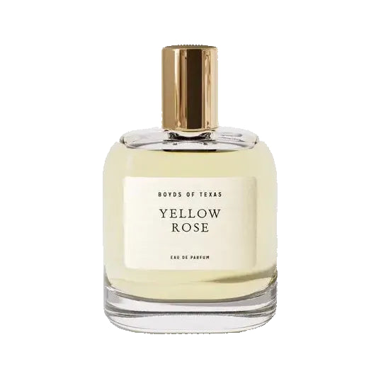 Perfume bottle labeled 'Yellow Rose' by 'Boards of Texas' on a light background